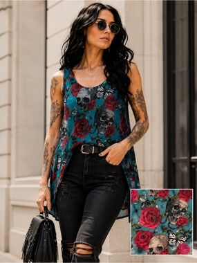 TEENAGE RUNWAY AOP Sheer Skull Rose Butterfly Sharkbite Hem Tunic Tank Sz M